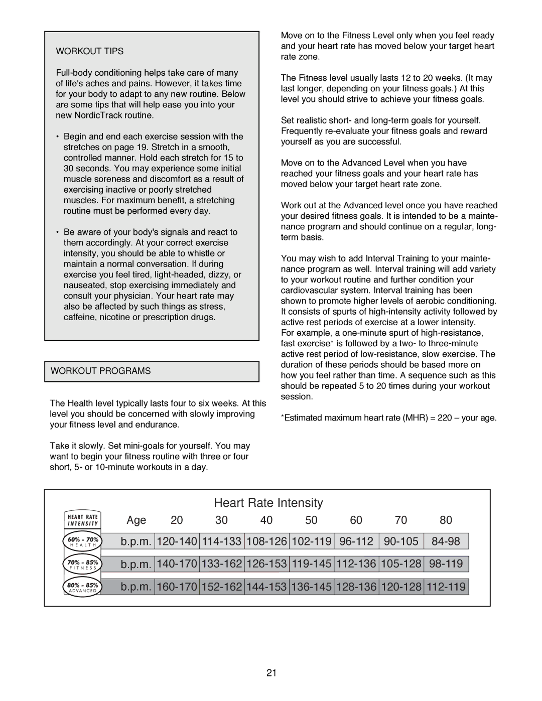 NordicTrack 1500 manual Workout Tips, Workout Programs 