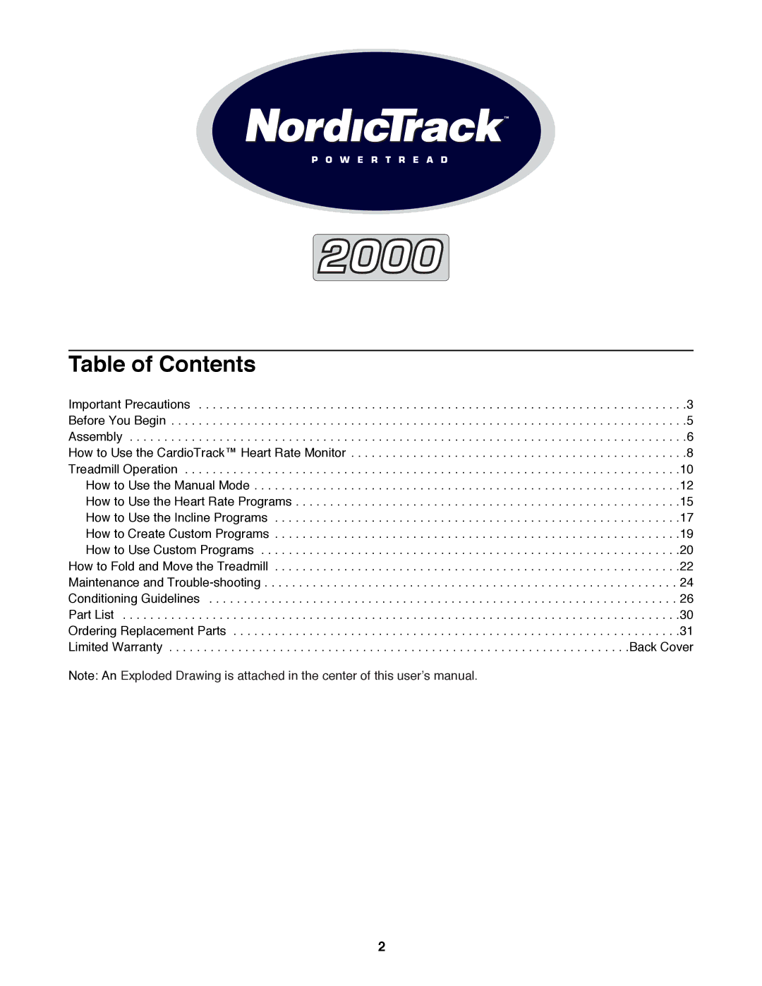 NordicTrack 2000 user manual Table of Contents 