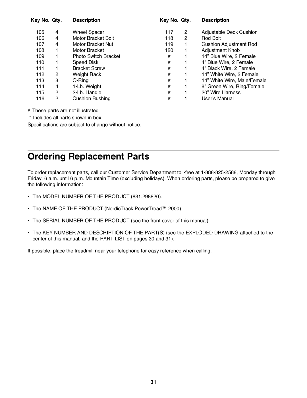 NordicTrack 2000 user manual Ordering Replacement Parts 