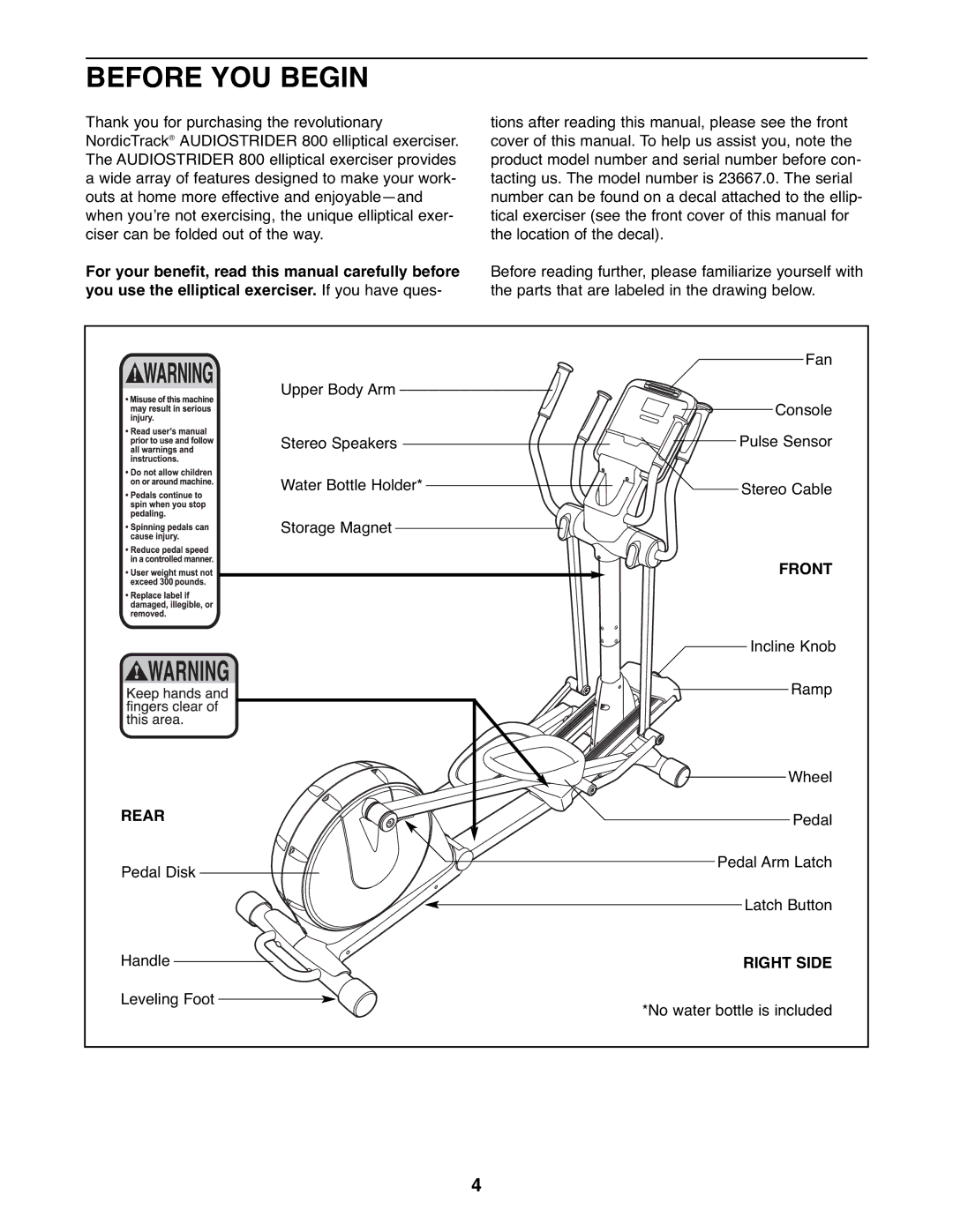 NordicTrack 23667.0 user manual Before YOU Begin, Front, Rear, Right Side 