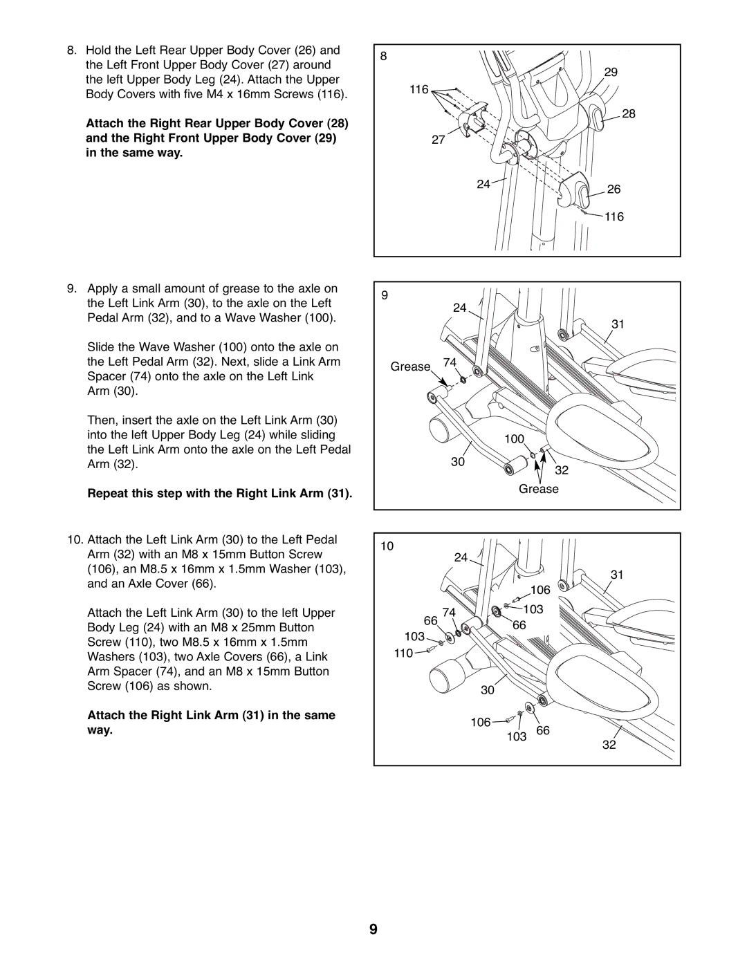 NordicTrack 23667.0 user manual Repeat this step with the Right Link Arm, Attach the Right Link Arm 31 in the same 