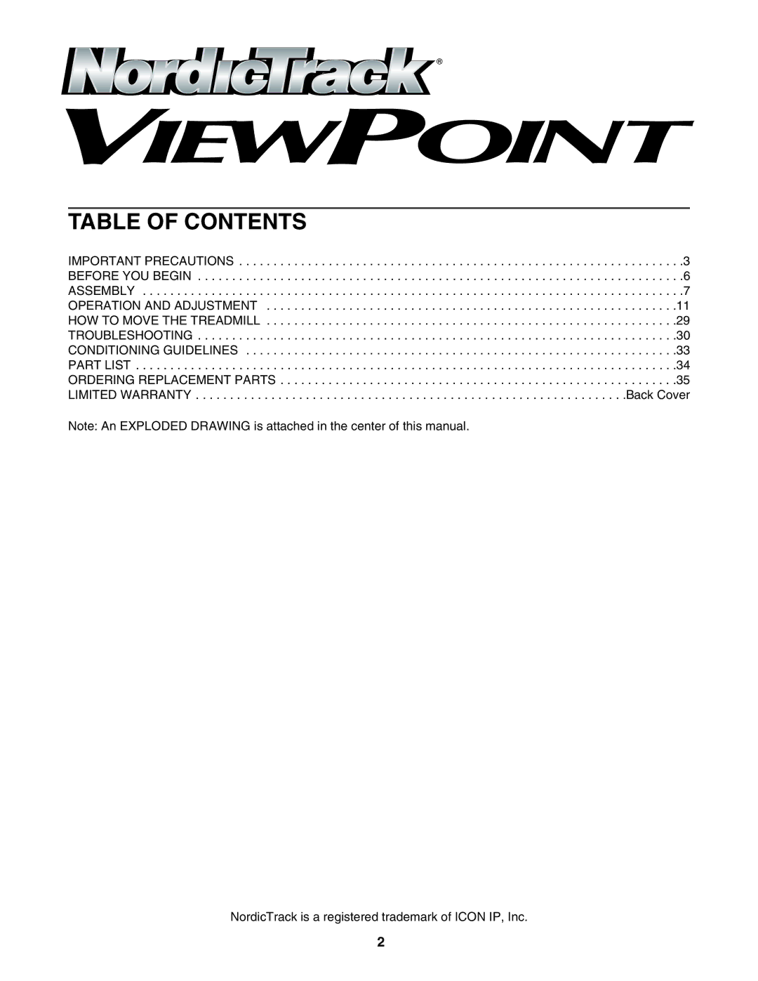 NordicTrack 30505.0 user manual Table of Contents 