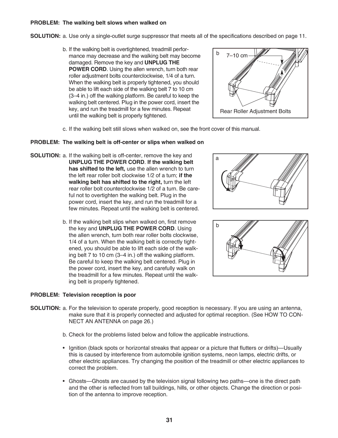 NordicTrack 30505.0 user manual Problem The walking belt slows when walked on, Problem Television reception is poor 