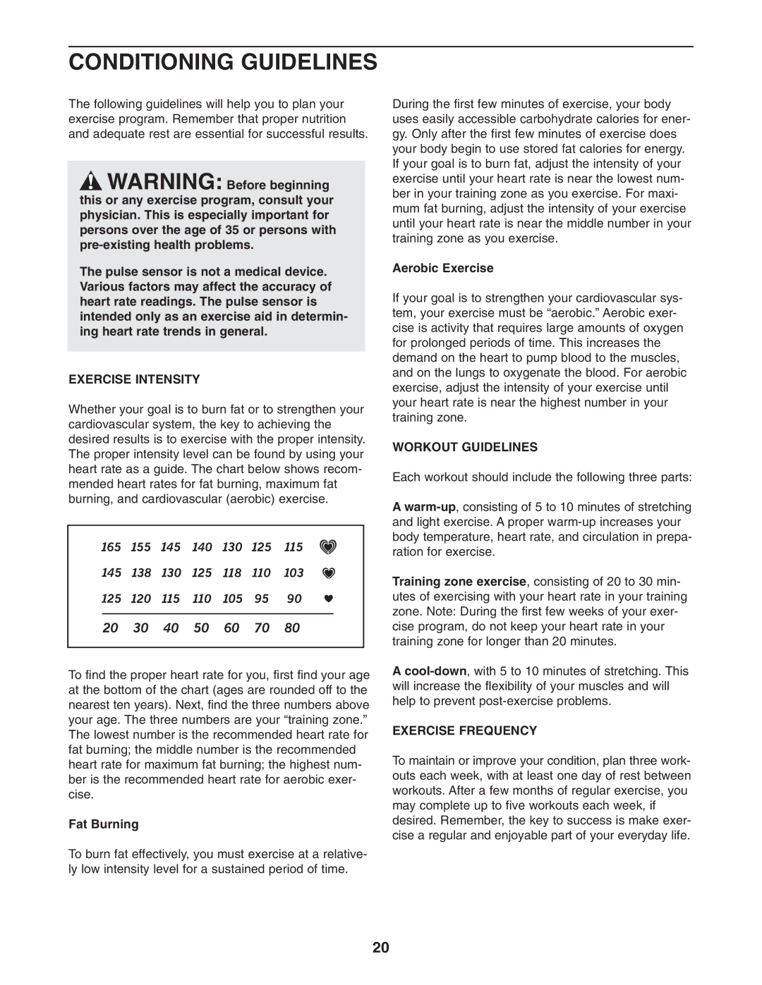 NordicTrack 30507.0 user manual Conditioning Guidelines, Exercise Intensity, Workout Guidelines, Exercise Frequency 