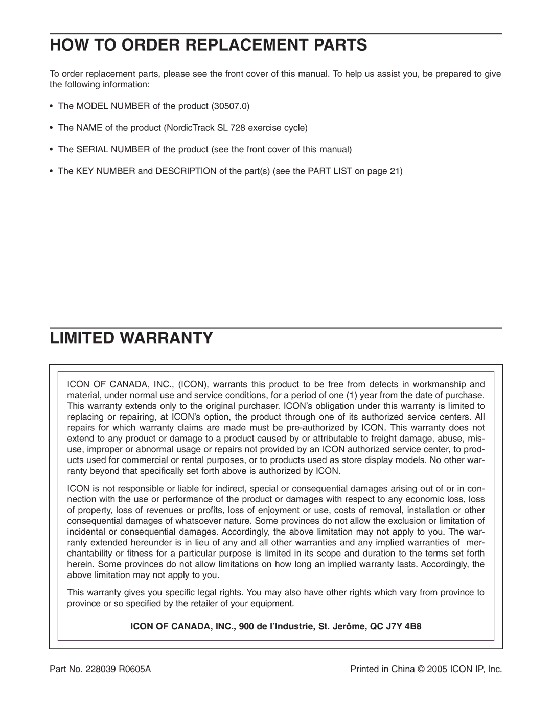 NordicTrack 30507.0 user manual HOW to Order Replacement Parts, Limited Warranty 