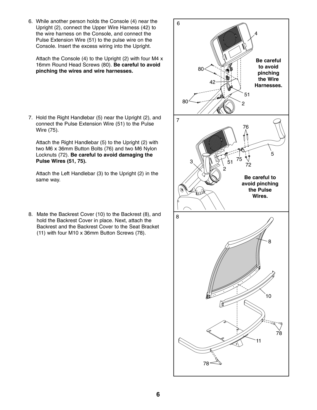 NordicTrack 30507.0 user manual Pulse Wires 51, To avoid, Pinching, Be careful to, Avoid pinching 