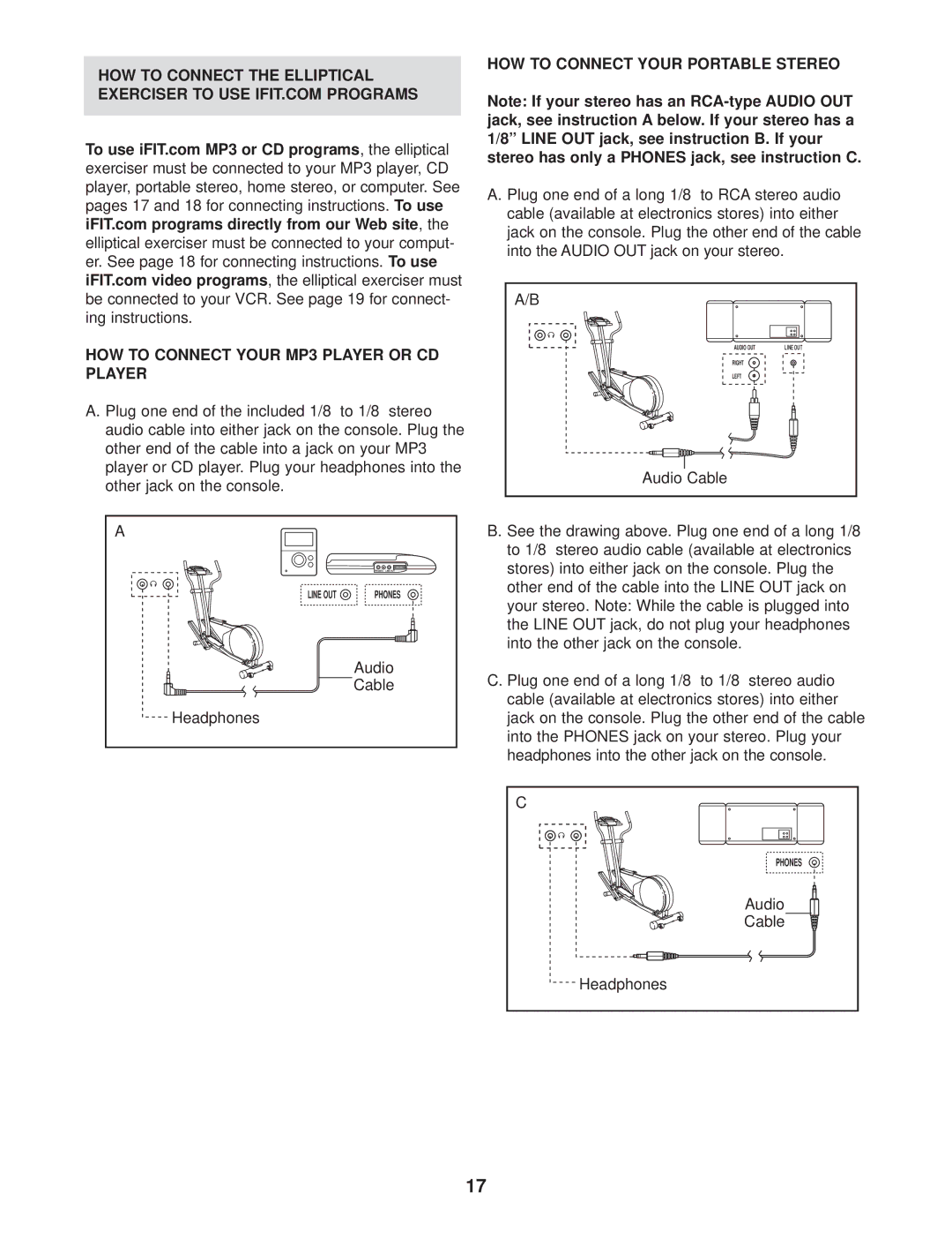 NordicTrack 30508.0 HOW to Connect Your MP3 Player or CD Player, HOW to Connect Your Portable Stereo, Audio Cable 