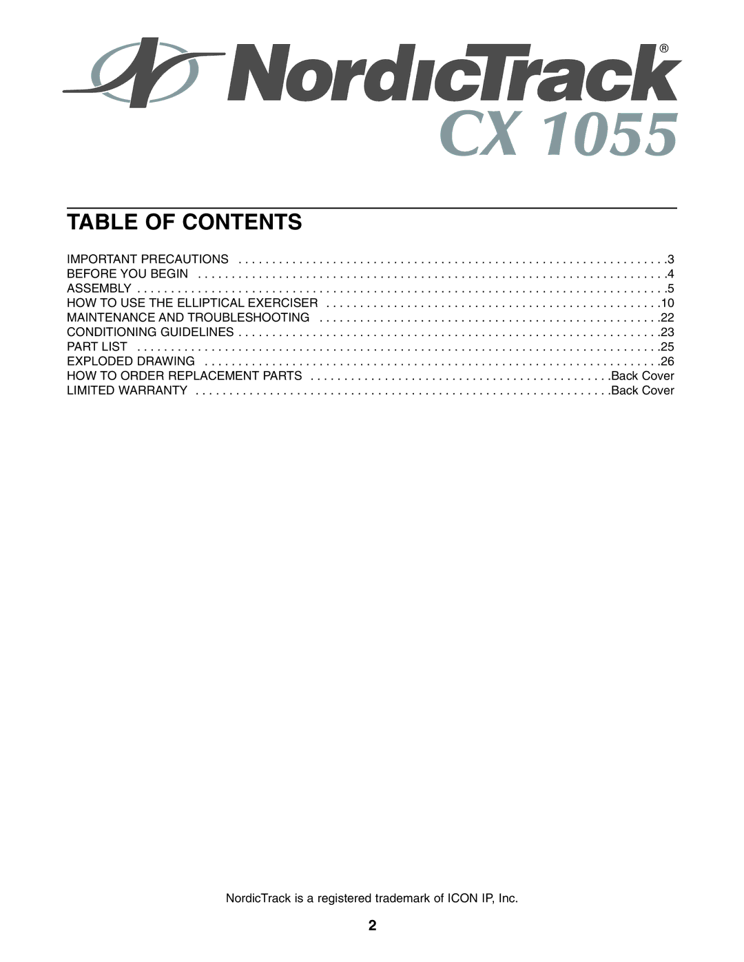 NordicTrack 30508.0 user manual Table of Contents 