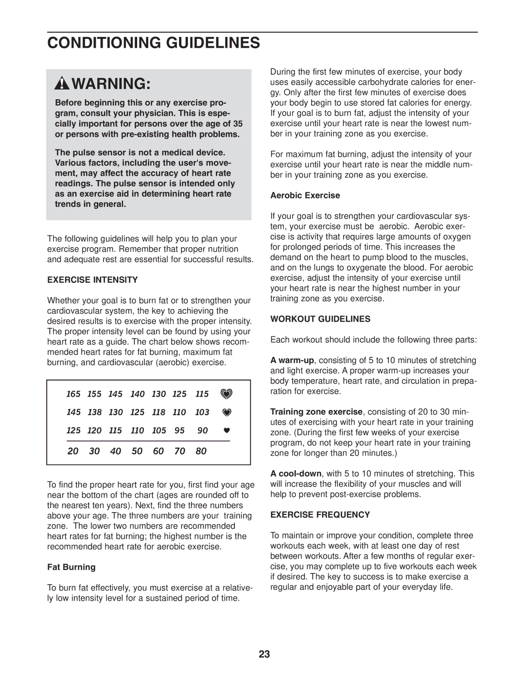 NordicTrack 30508.0 user manual Conditioning Guidelines, Exercise Intensity, Workout Guidelines, Exercise Frequency 