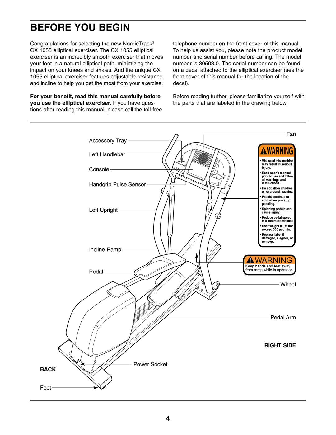 NordicTrack 30508.0 user manual Before YOU Begin, Right Side, Back 