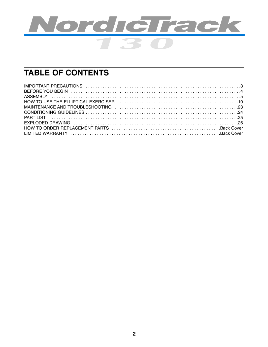 NordicTrack 30510.0 user manual Table of Contents 