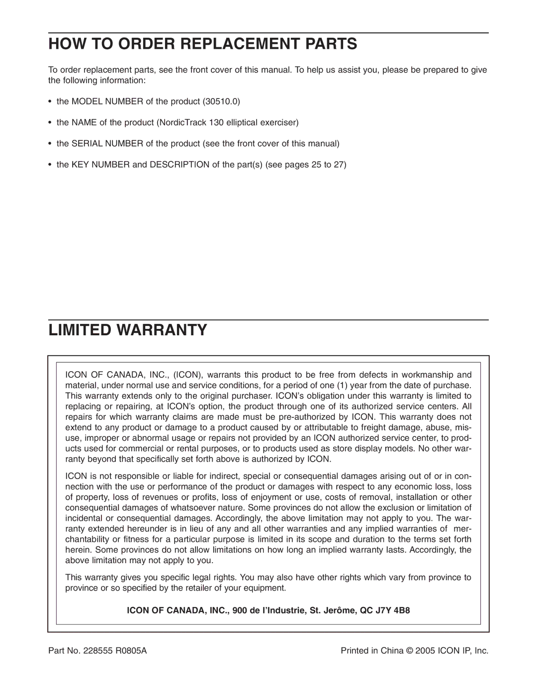 NordicTrack 30510.0 user manual HOW to Order Replacement Parts, Limited Warranty 