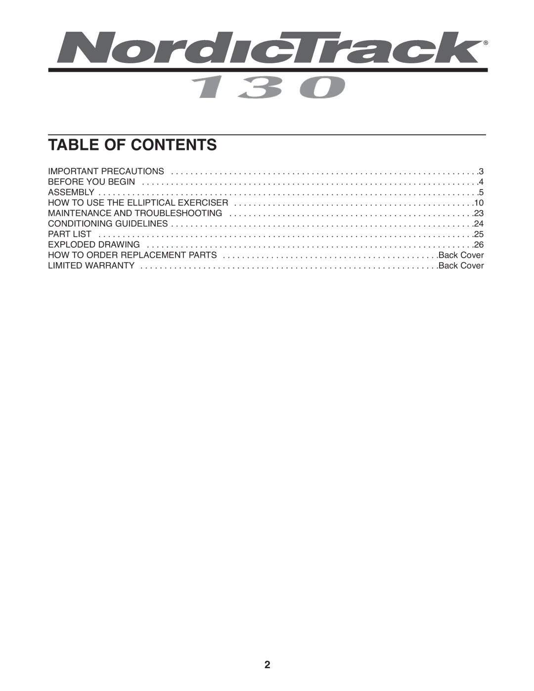 NordicTrack 30510.1 user manual Table of Contents 