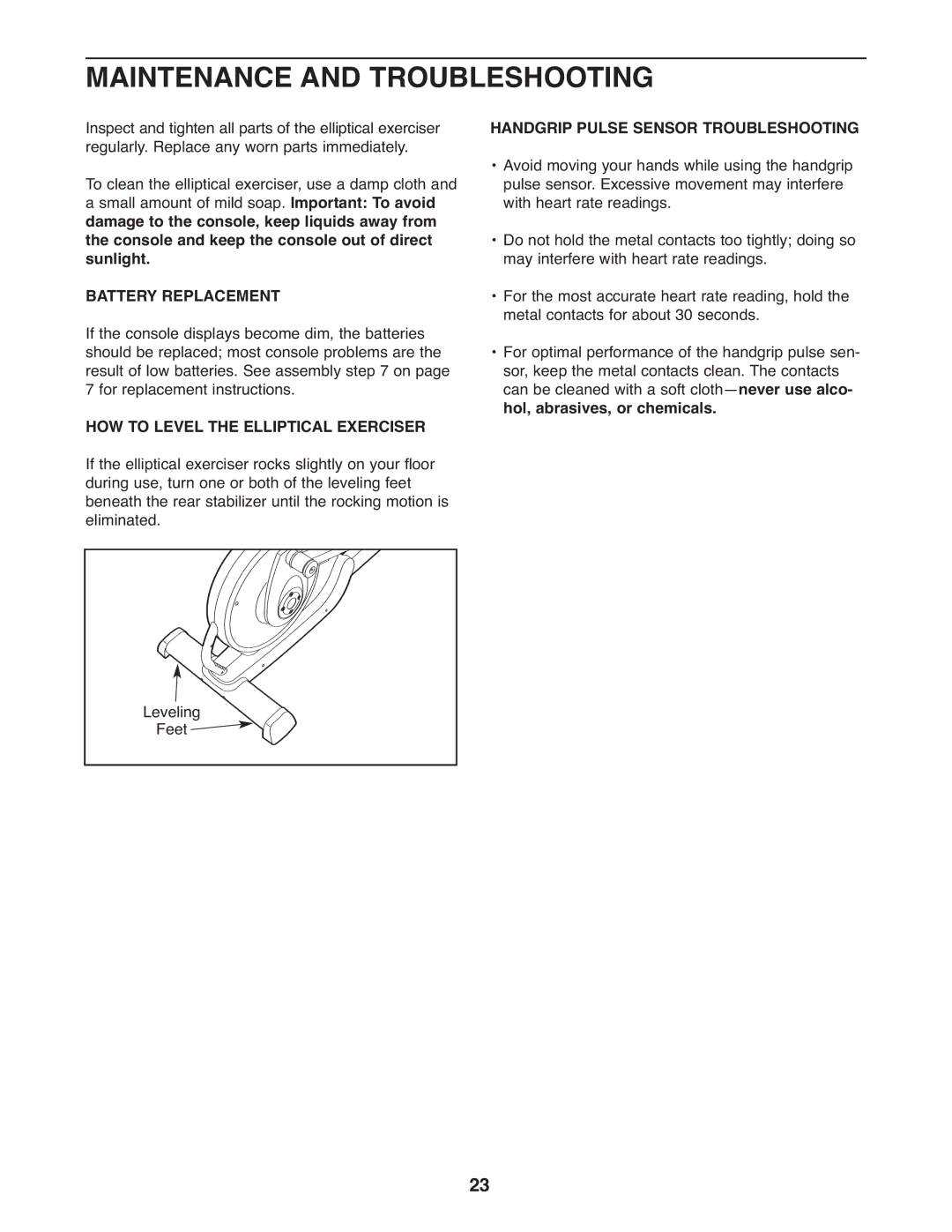 NordicTrack 30510.2 user manual Maintenance and Troubleshooting, Battery Replacement, Handgrip Pulse Sensor Troubleshooting 