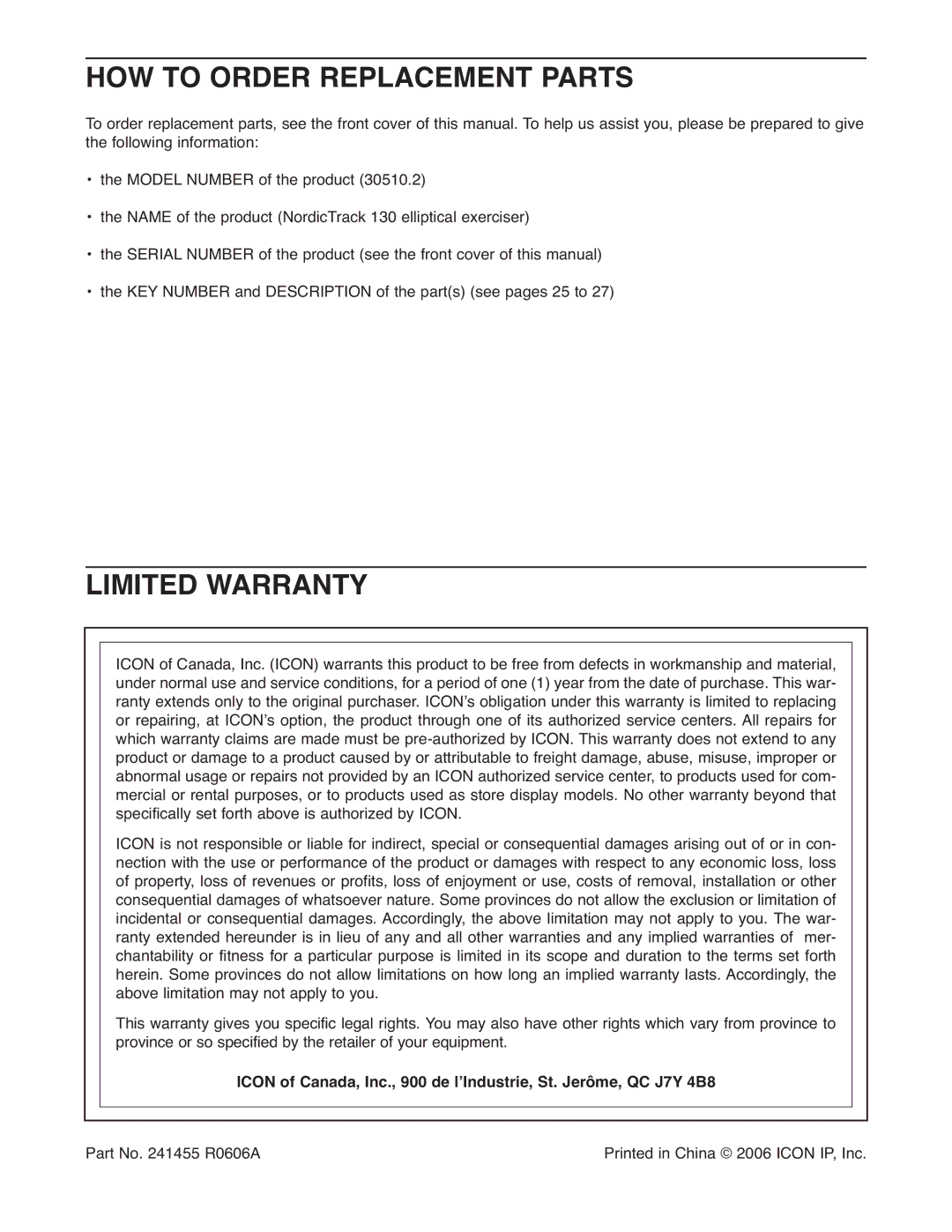 NordicTrack 30510.2 user manual HOW to Order Replacement Parts, Limited Warranty 