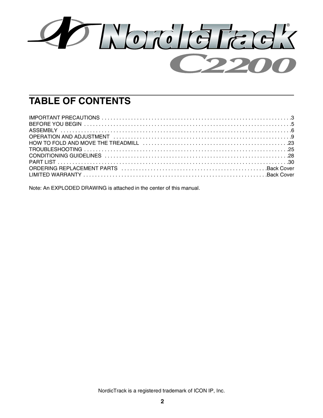 NordicTrack 30600.0 user manual Table of Contents 