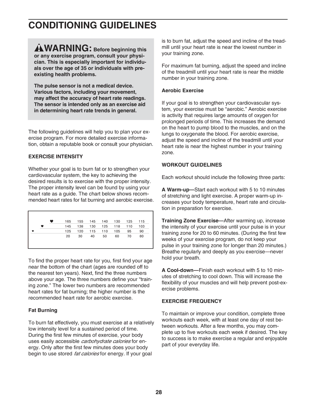 NordicTrack 30600.0 user manual Conditioning Guidelines, Exercise Intensity, Workout Guidelines, Exercise Frequency 