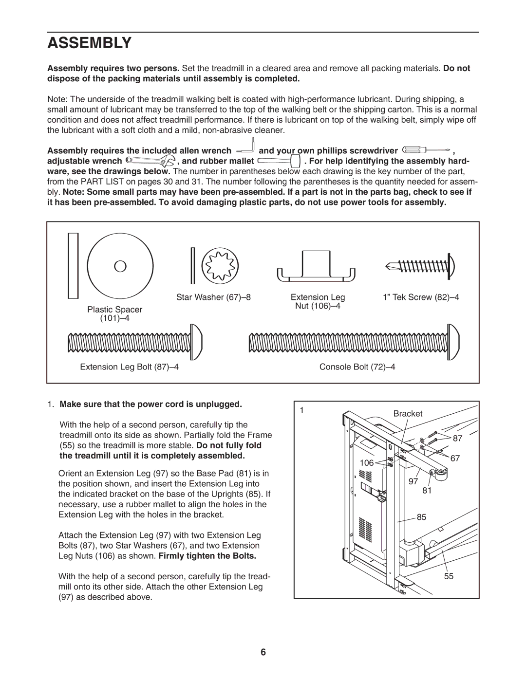 NordicTrack 30600.0 user manual Assembly, Make sure that the power cord is unplugged 