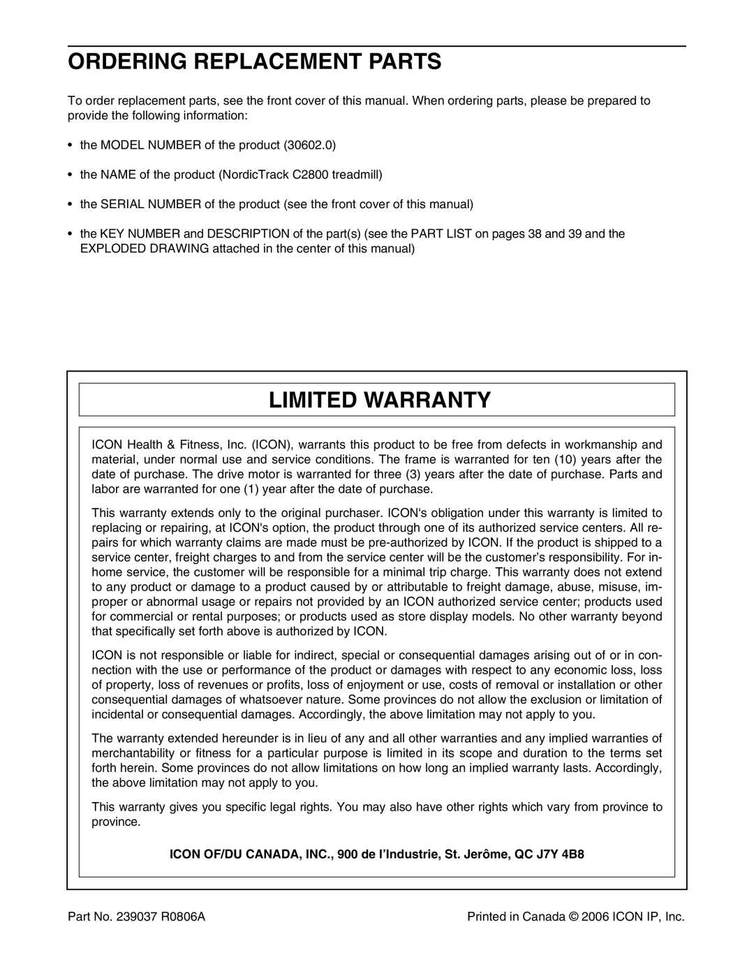 NordicTrack 30602.0 user manual Ordering Replacement Parts, Limited Warranty 