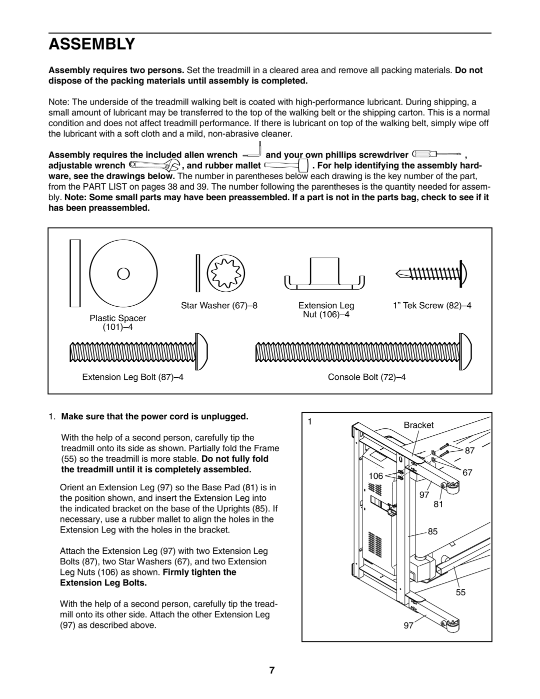 NordicTrack 30602.0 user manual Assembly, Make sure that the power cord is unplugged, Extension Leg Bolts 