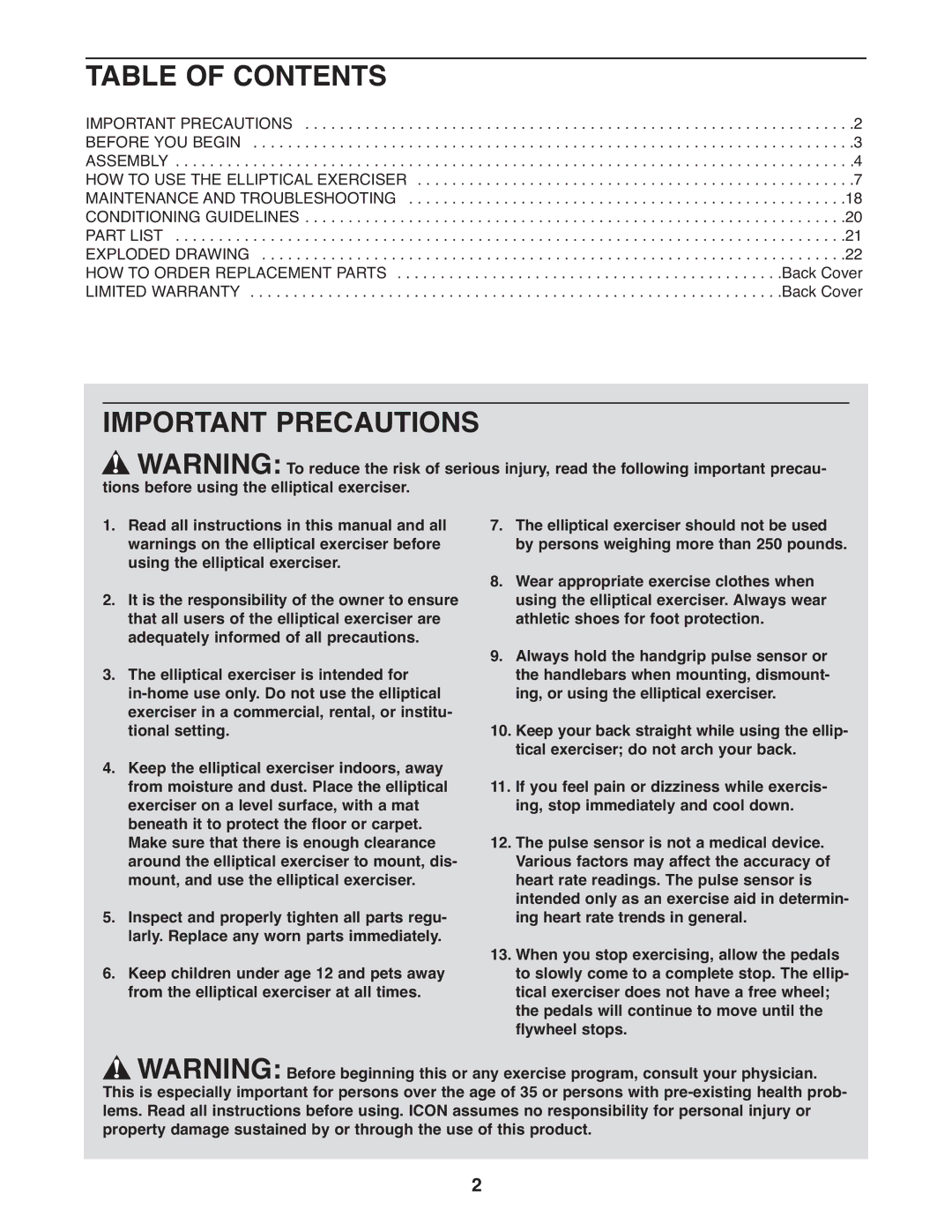 NordicTrack 30621.0 user manual Table of Contents, Important Precautions 