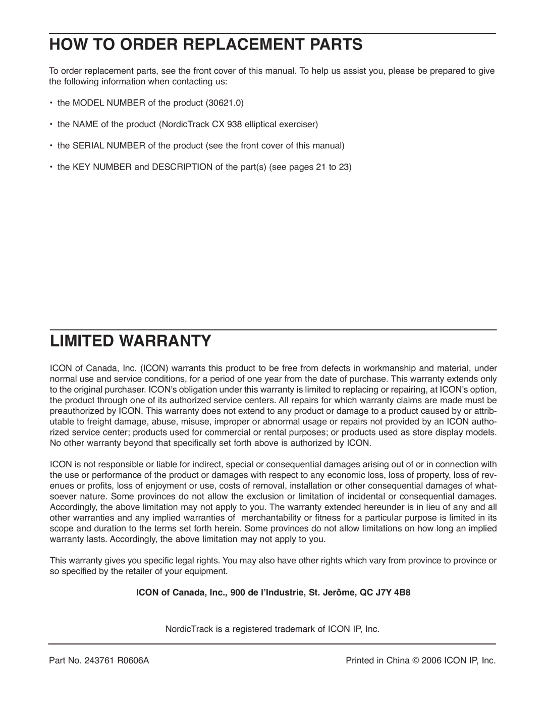 NordicTrack 30621.0 user manual HOW to Order Replacement Parts, Limited Warranty 