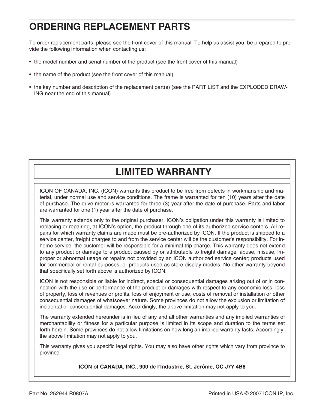 NordicTrack 30702.0 user manual Ordering Replacement Parts, Limited Warranty 