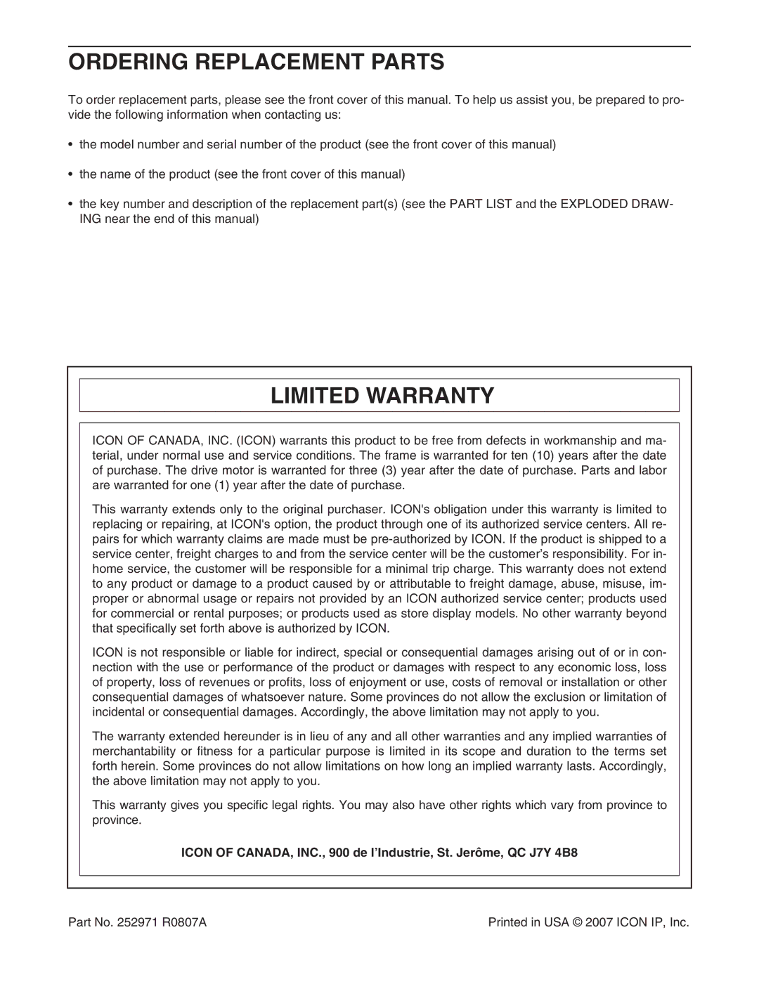 NordicTrack 30703.0 user manual Ordering Replacement Parts, Limited Warranty 