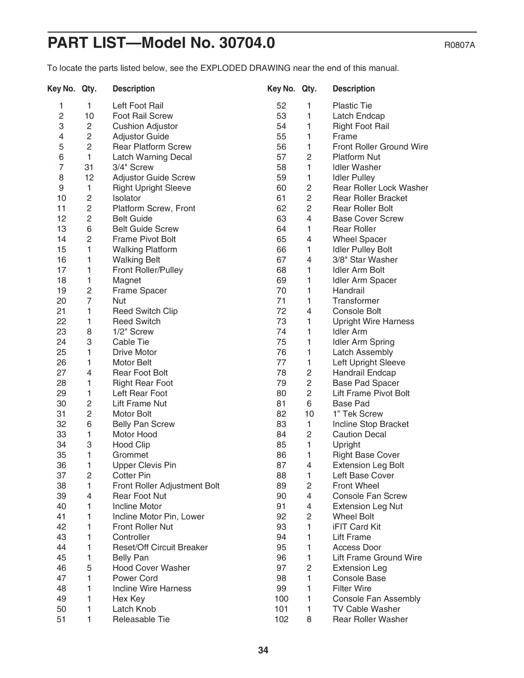 NordicTrack 30704.0 user manual R0807A, Qty Description 