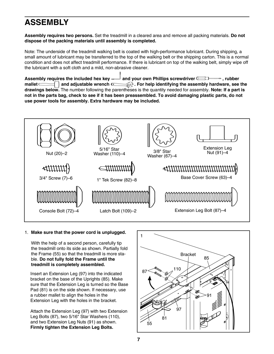 NordicTrack 30704.0 Assembly, Make sure that the power cord is unplugged, Firmly tighten the Extension Leg Bolts 