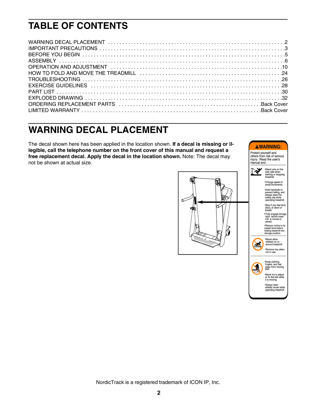 NordicTrack 30705.0 user manual Table of Contents 