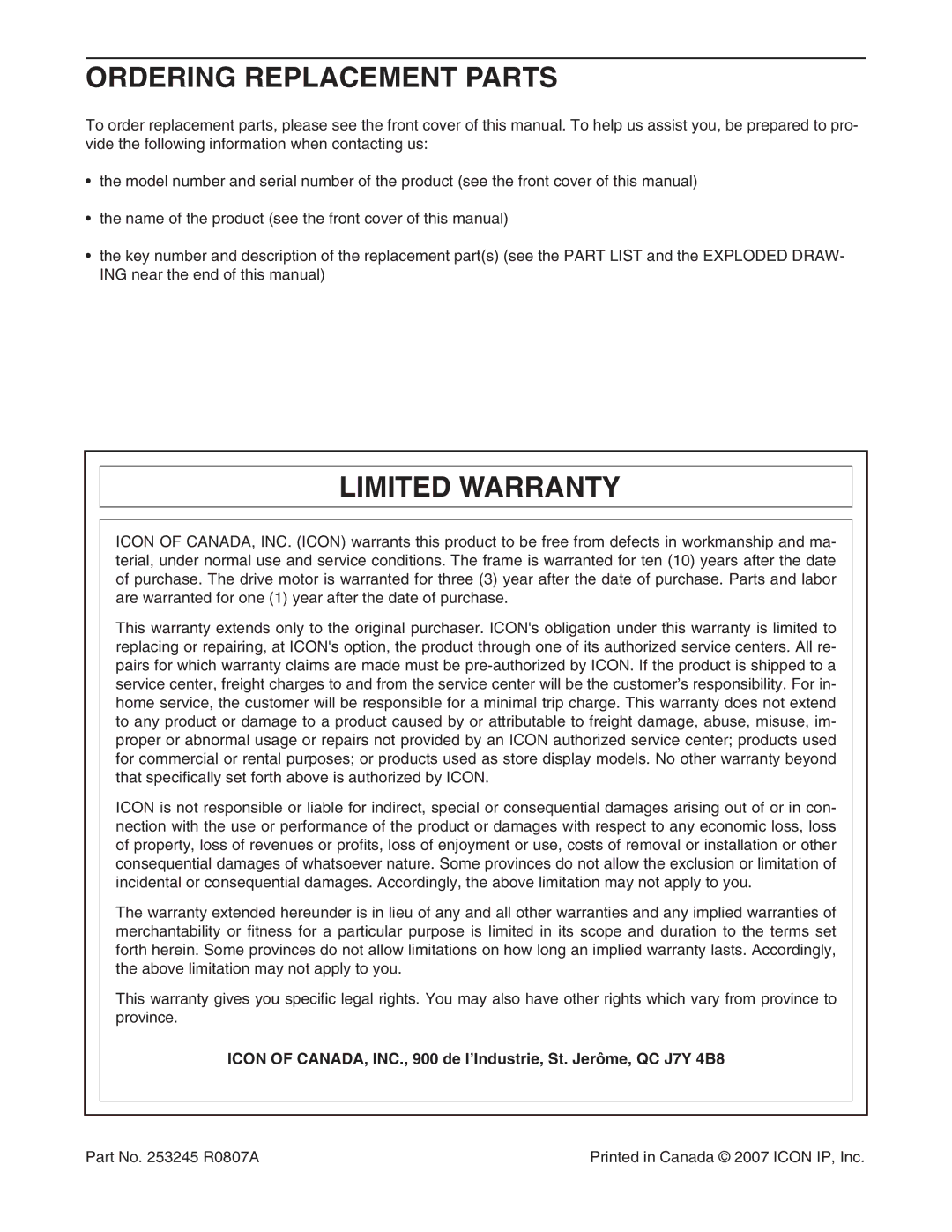 NordicTrack 30705.0 user manual Ordering Replacement Parts, Limited Warranty 