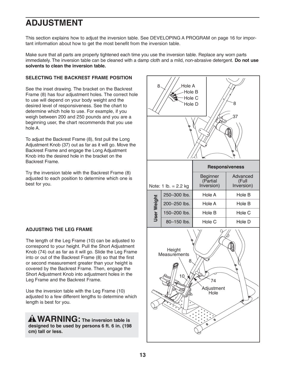 NordicTrack 30792.0 user manual Adjustment, Selecting the Backrest Frame Position, Adjusting the LEG Frame 