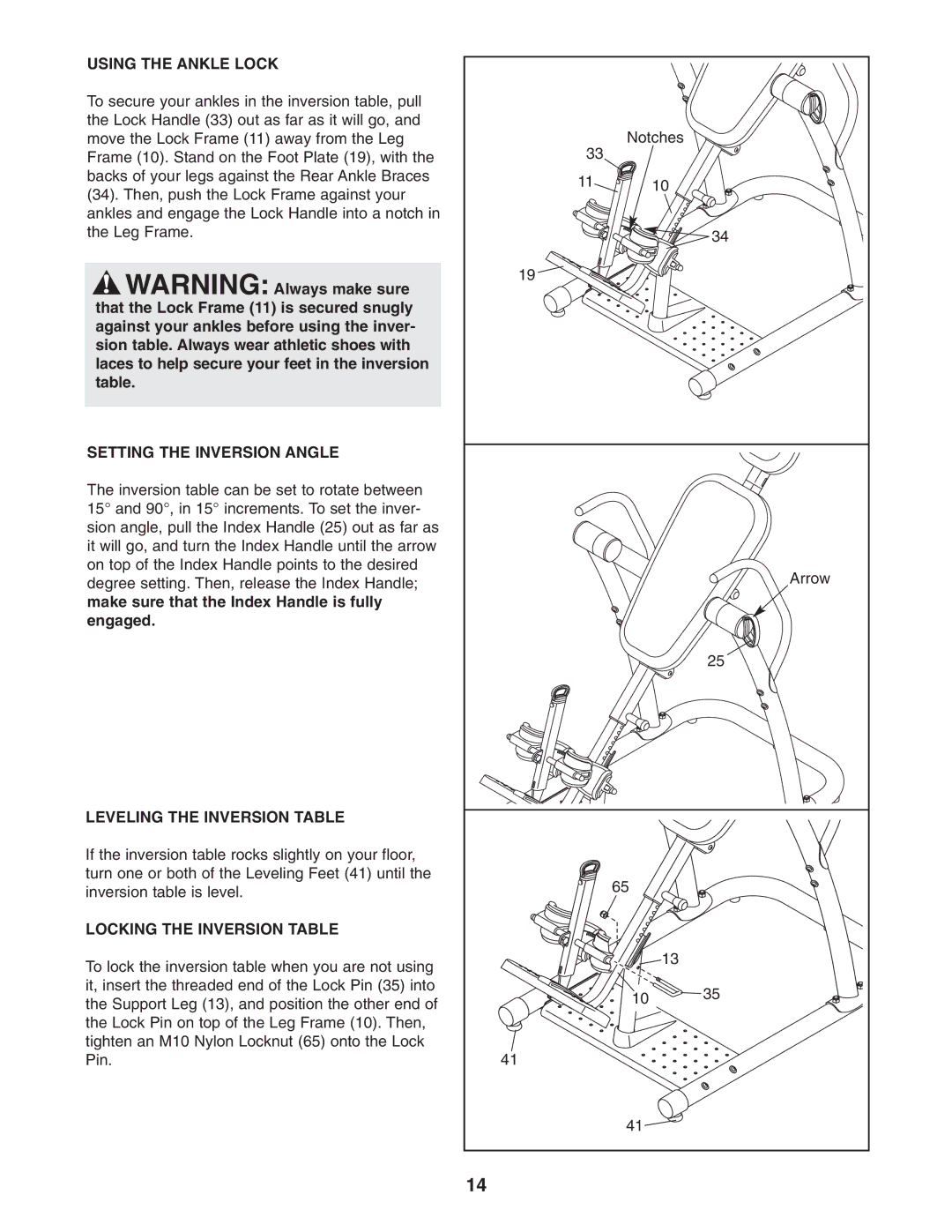 NordicTrack 30792.0 user manual Using the Ankle Lock, Setting the Inversion Angle, Leveling the Inversion Table 