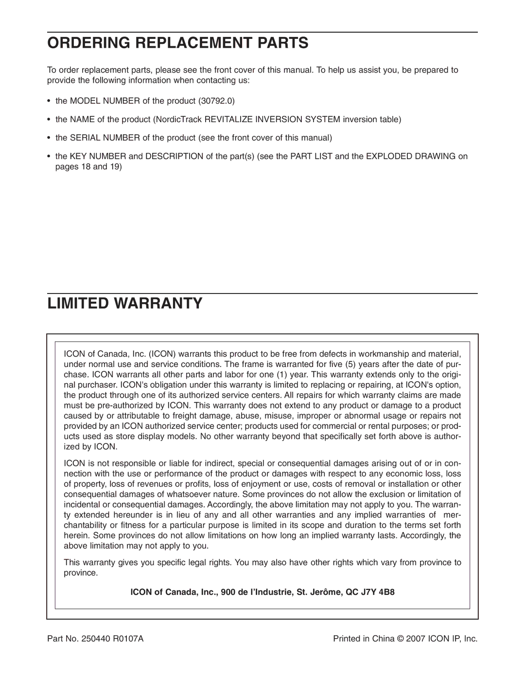 NordicTrack 30792.0 user manual Ordering Replacement Parts, Limited Warranty 