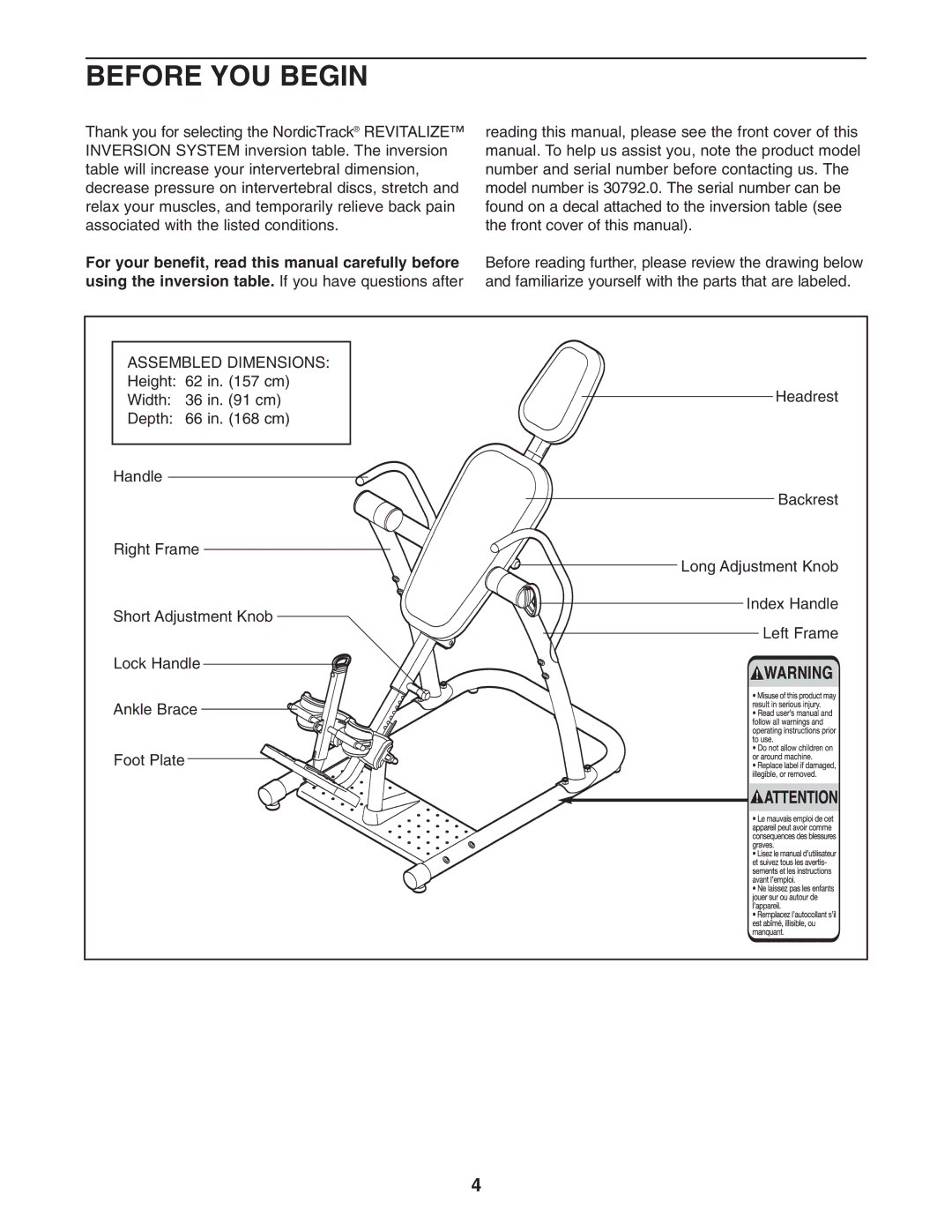 NordicTrack 30792.0 user manual Before YOU Begin, Assembled Dimensions 