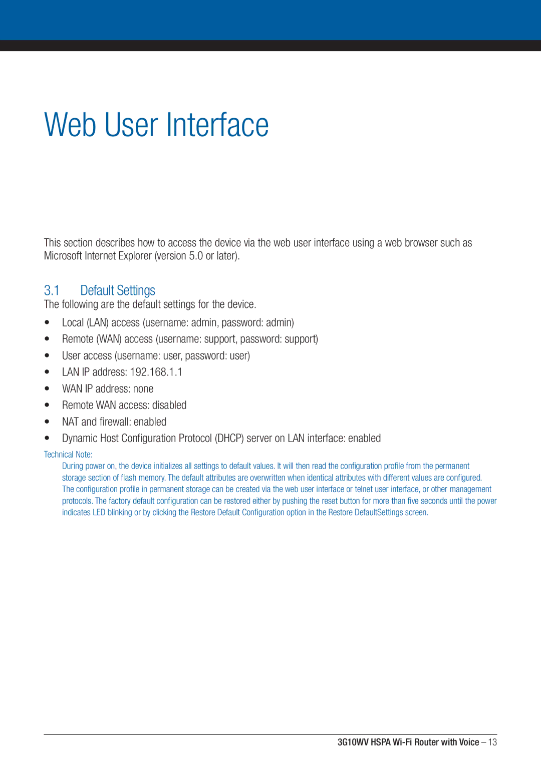 NordicTrack 3G10WV manual Web User Interface, Default Settings 