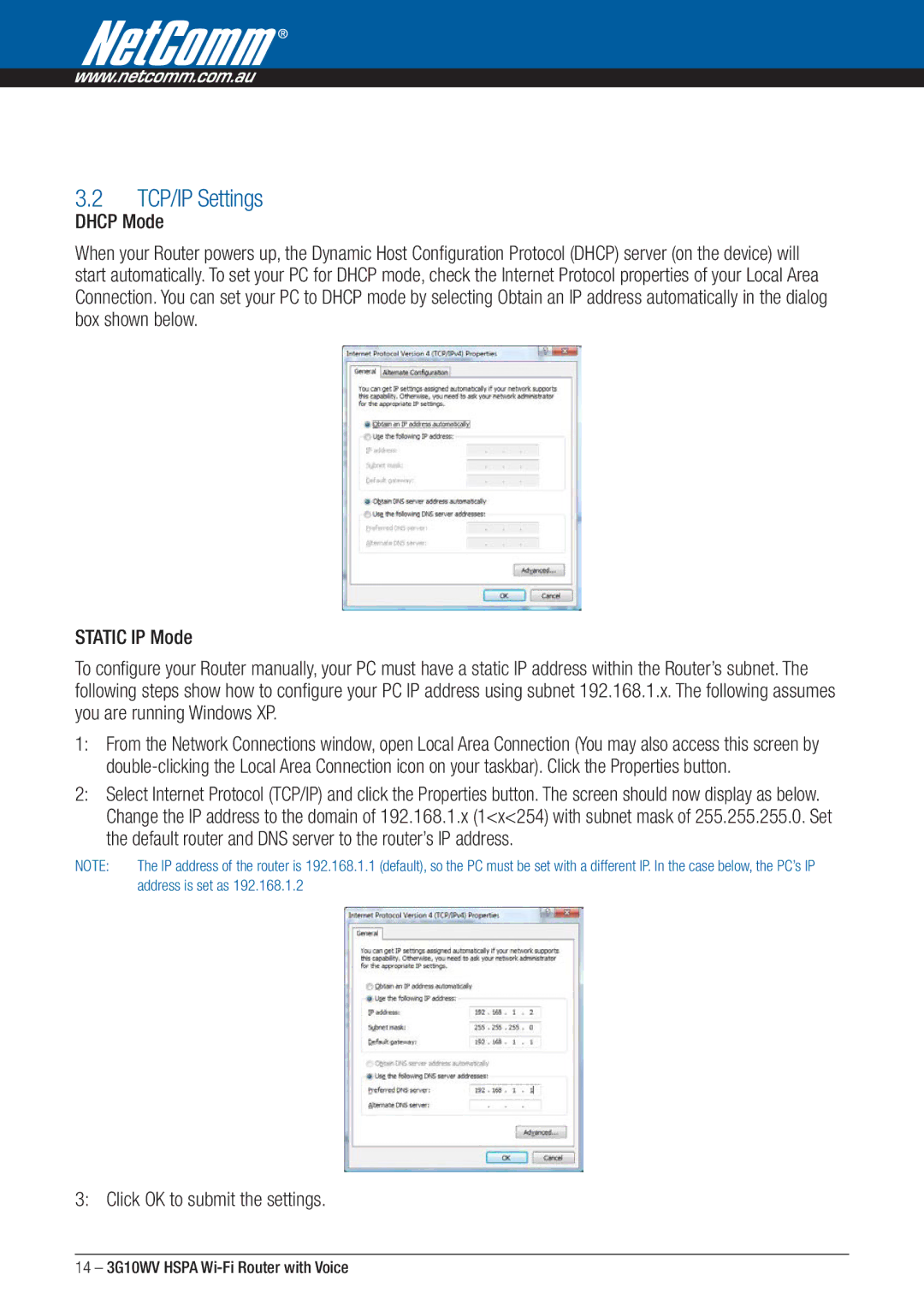 NordicTrack 3G10WV manual TCP/IP Settings, Dhcp Mode, Click OK to submit the settings 