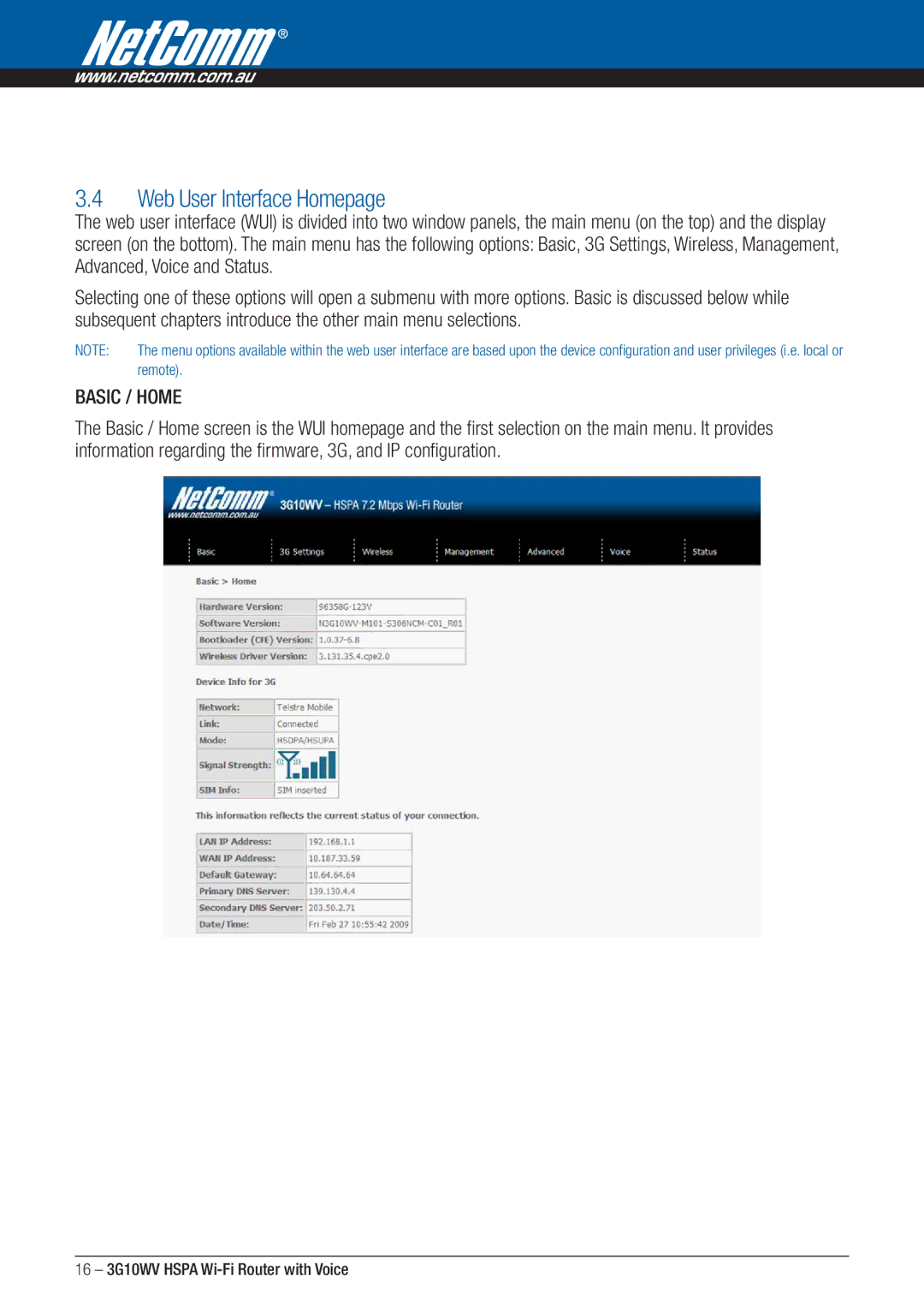 NordicTrack 3G10WV manual Web User Interface Homepage, Basic / Home 