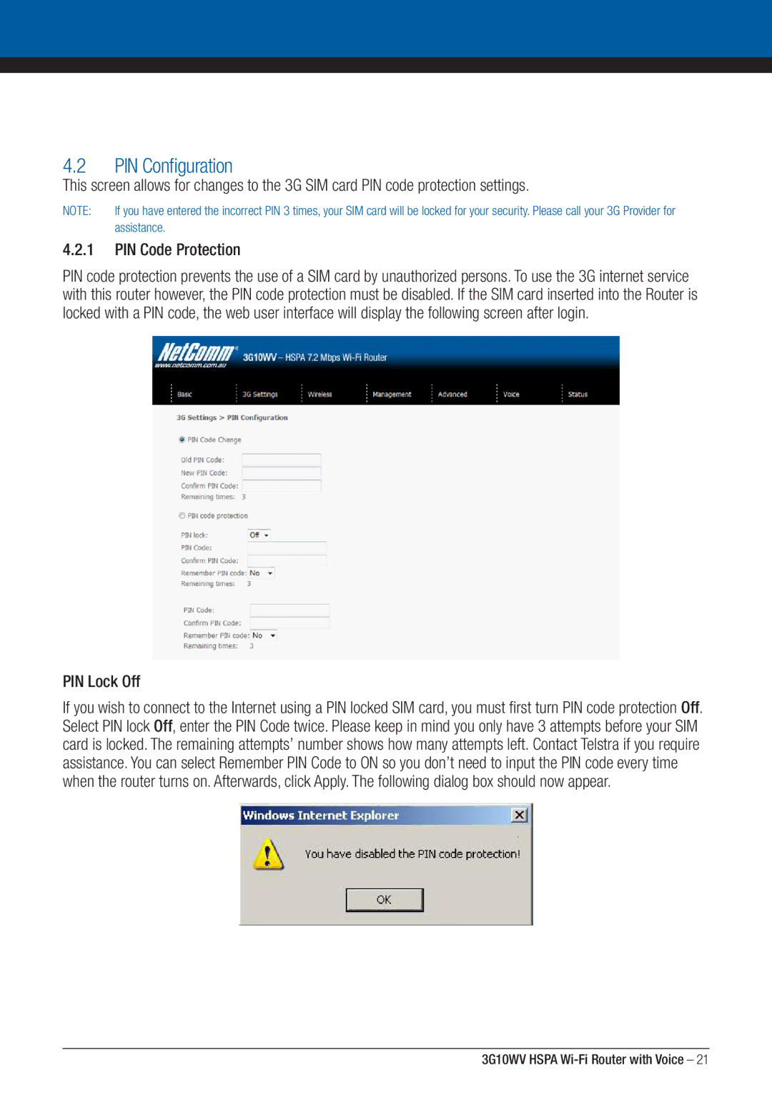 NordicTrack 3G10WV manual PIN Configuration, PIN Code Protection, PIN Lock Off 