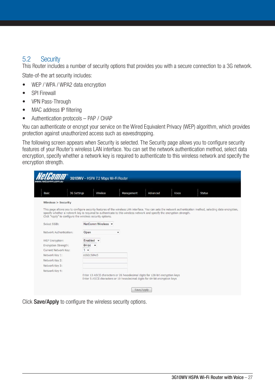 NordicTrack 3G10WV manual Security, Click Save/Apply to configure the wireless security options 