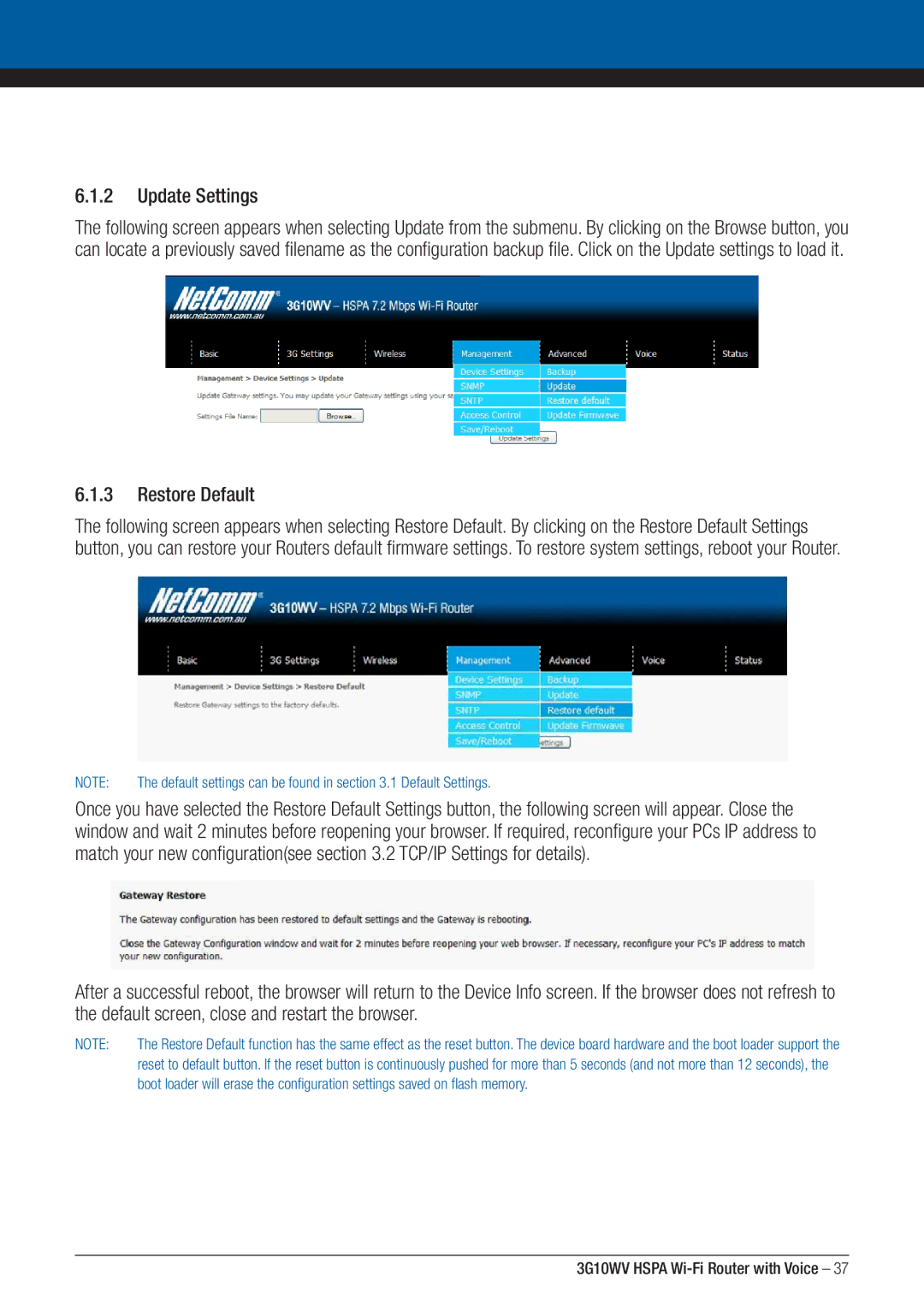 NordicTrack 3G10WV manual Update Settings, Restore Default 