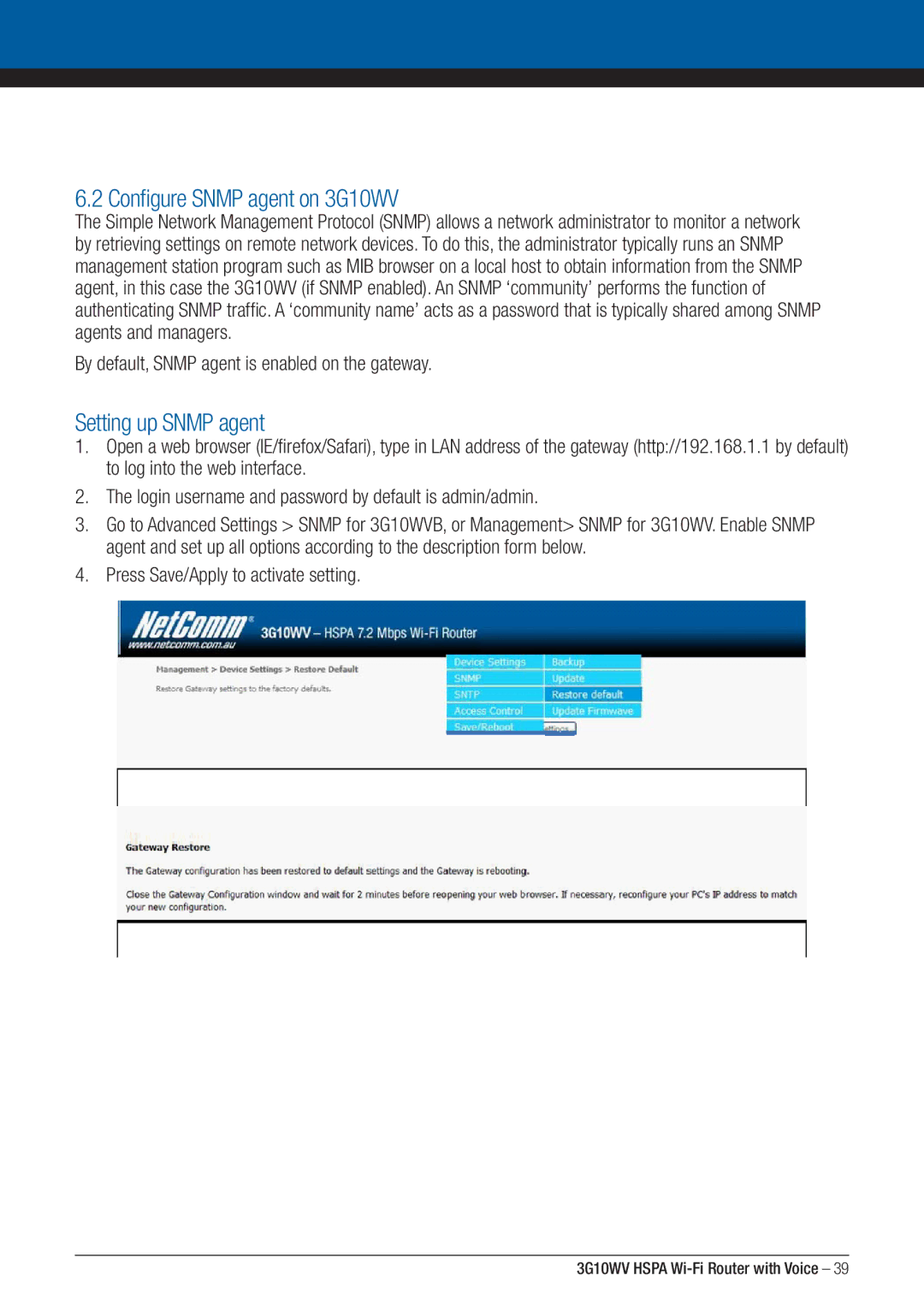 NordicTrack Configure Snmp agent on 3G10WV, Setting up Snmp agent, By default, Snmp agent is enabled on the gateway 