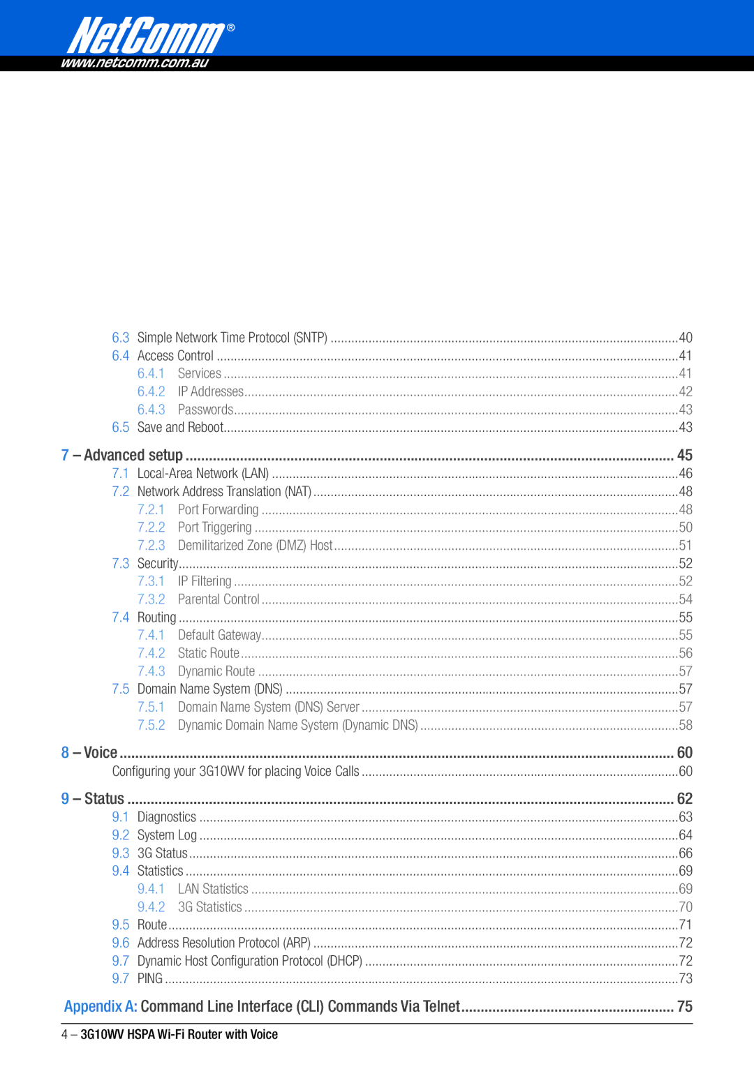 NordicTrack 3G10WV manual Appendix a Command Line Interface CLI Commands Via Telnet 