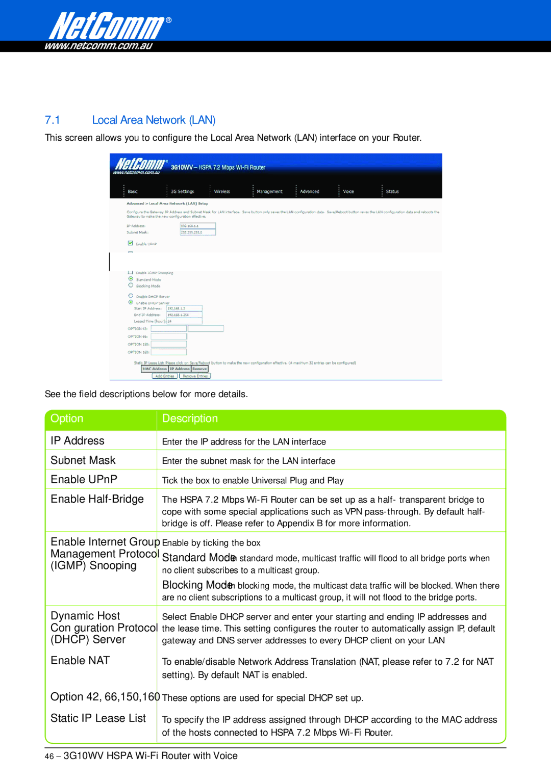 NordicTrack 3G10WV manual Local Area Network LAN, Setting. By default NAT is enabled 