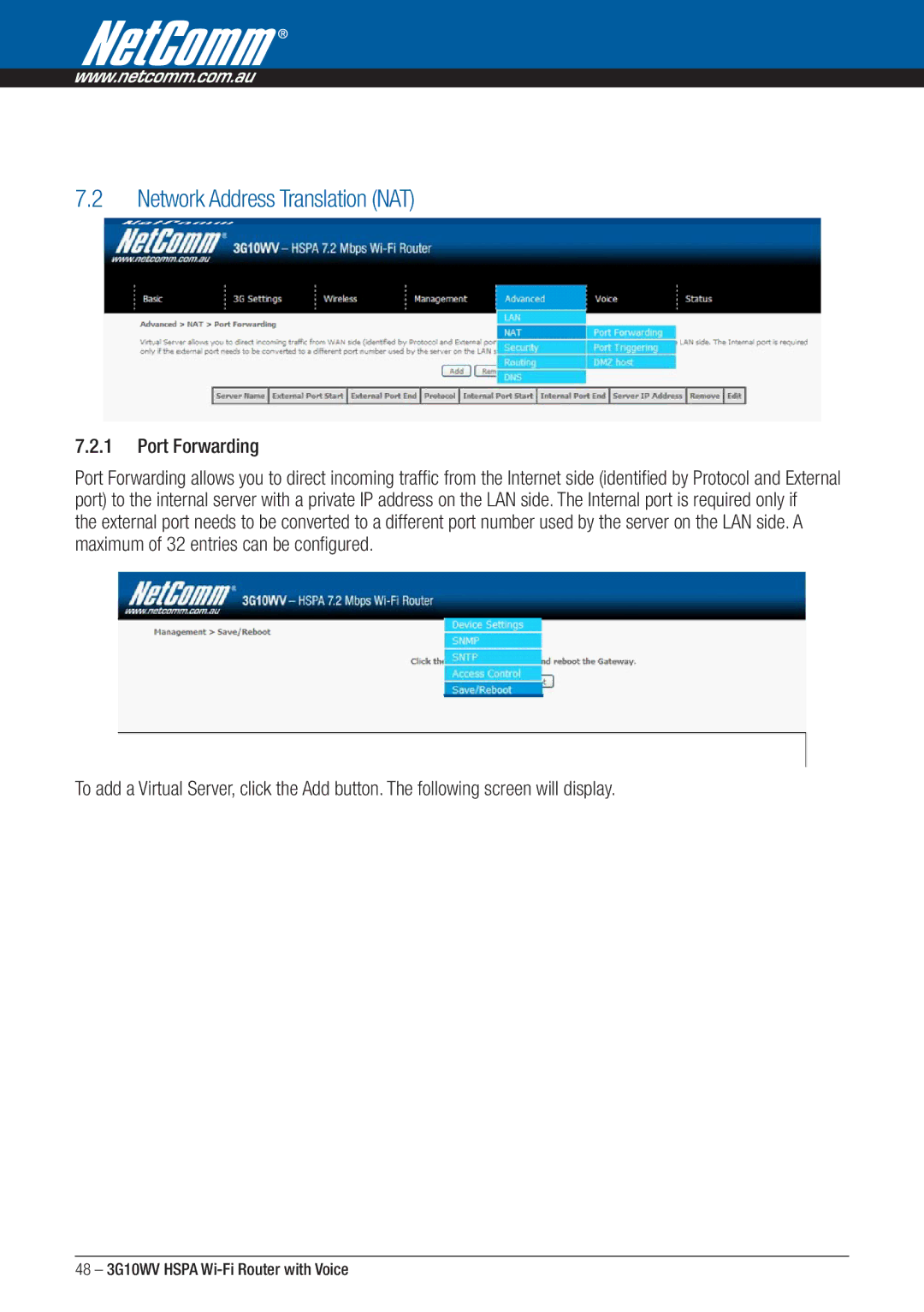 NordicTrack 3G10WV manual Network Address Translation NAT, Port Forwarding 