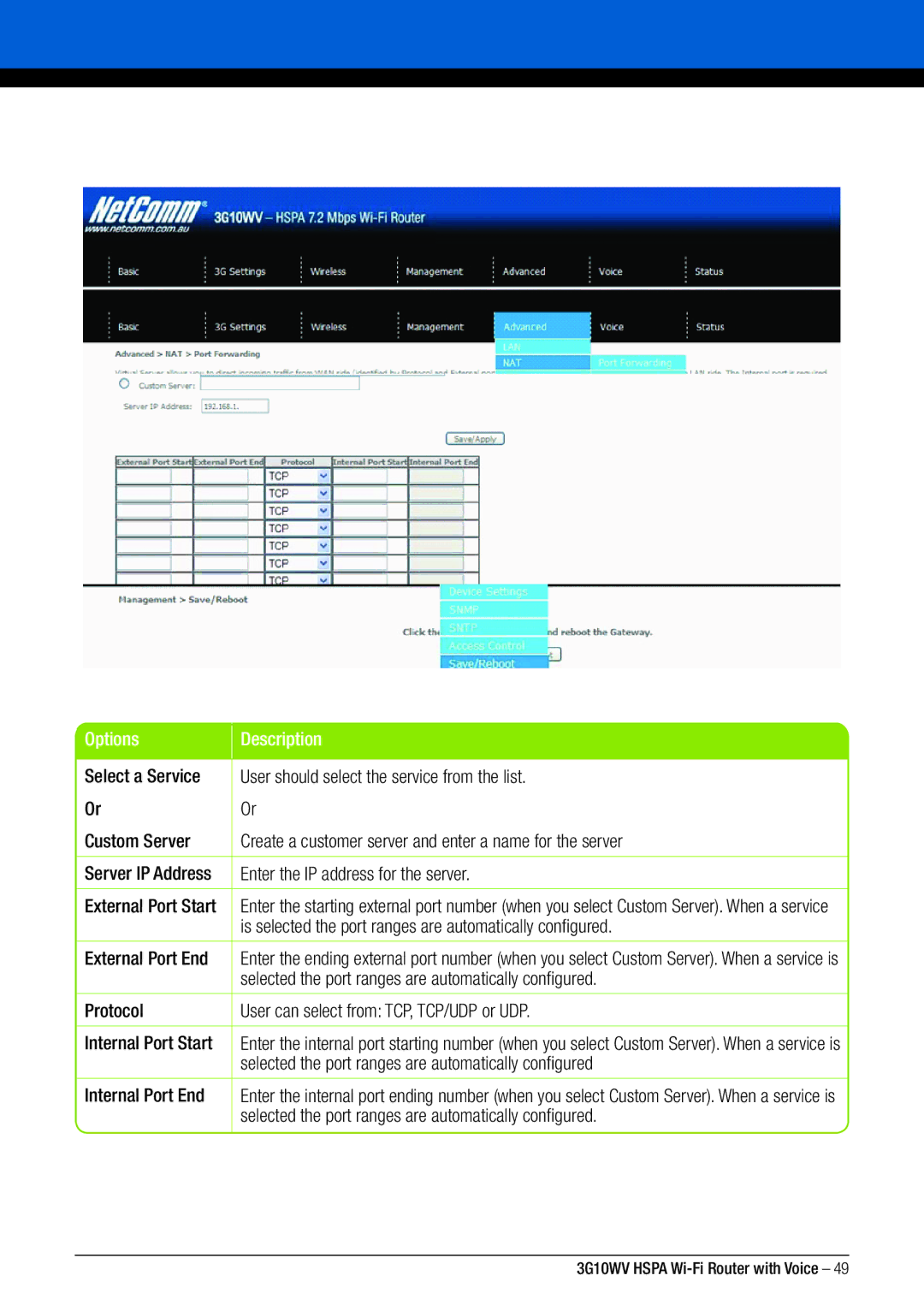 NordicTrack 3G10WV manual Options Description, Is selected the port ranges are automatically configured, External Port End 