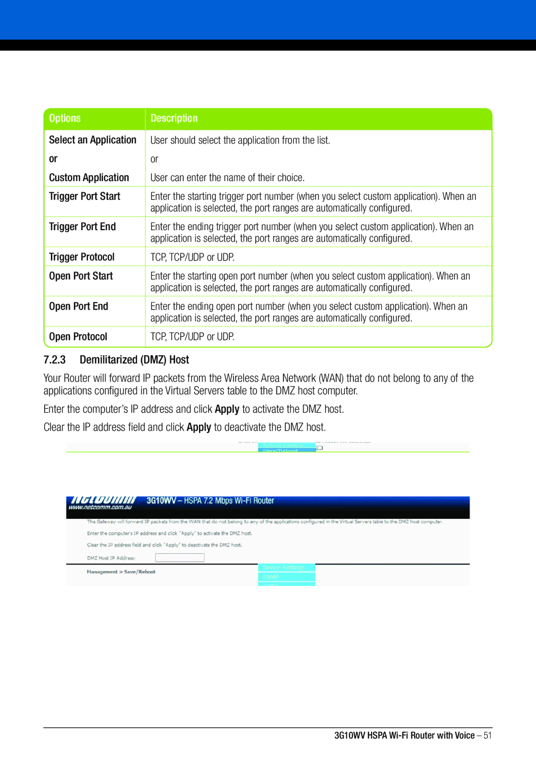 NordicTrack 3G10WV manual Demilitarized DMZ Host, Trigger Port End, Trigger Protocol TCP, TCP/UDP or UDP Open Port Start 