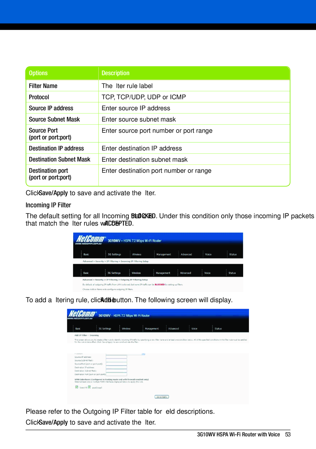 NordicTrack 3G10WV manual Options Description 