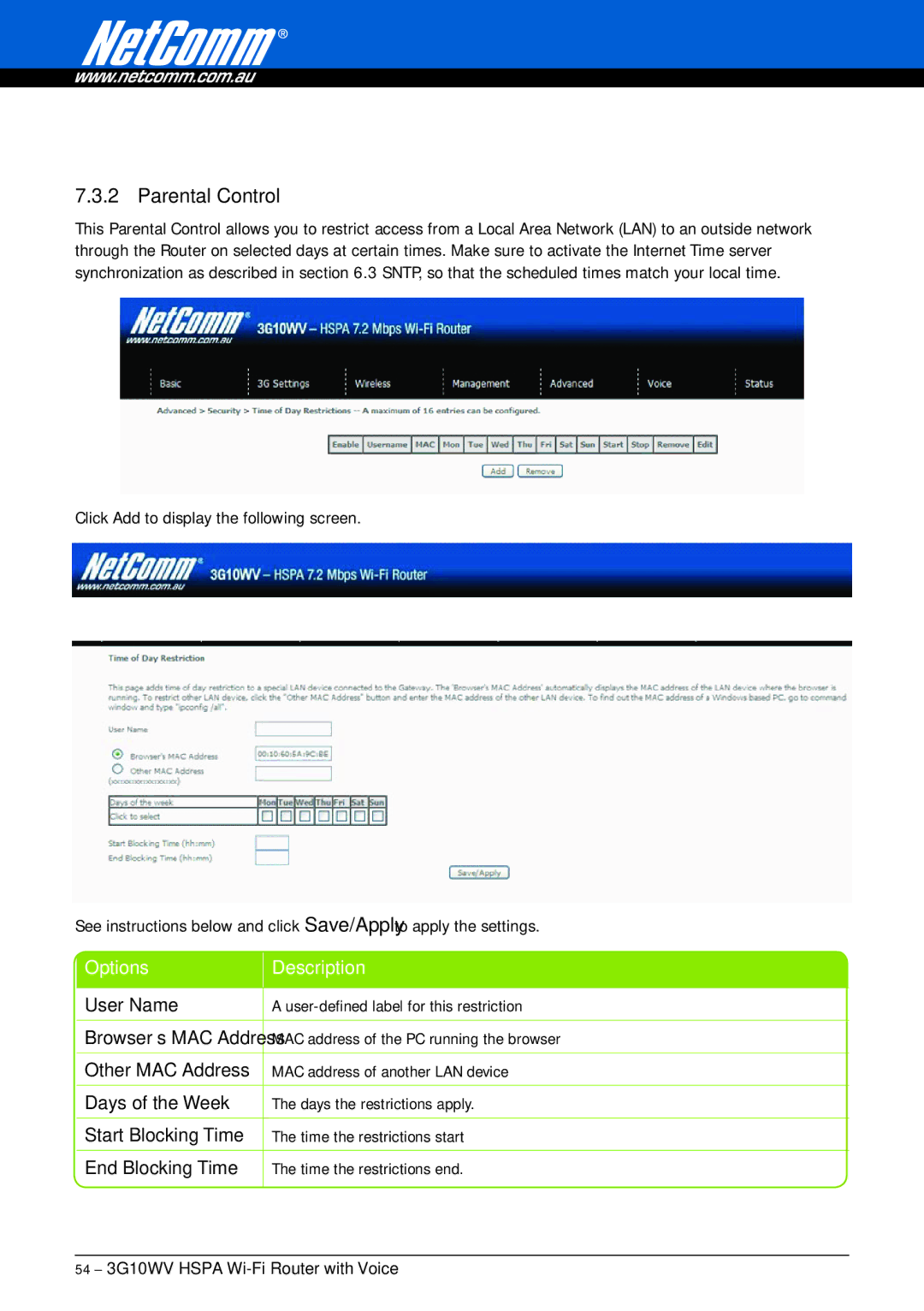 NordicTrack 3G10WV manual Parental Control, User Name User-defined label for this restriction 